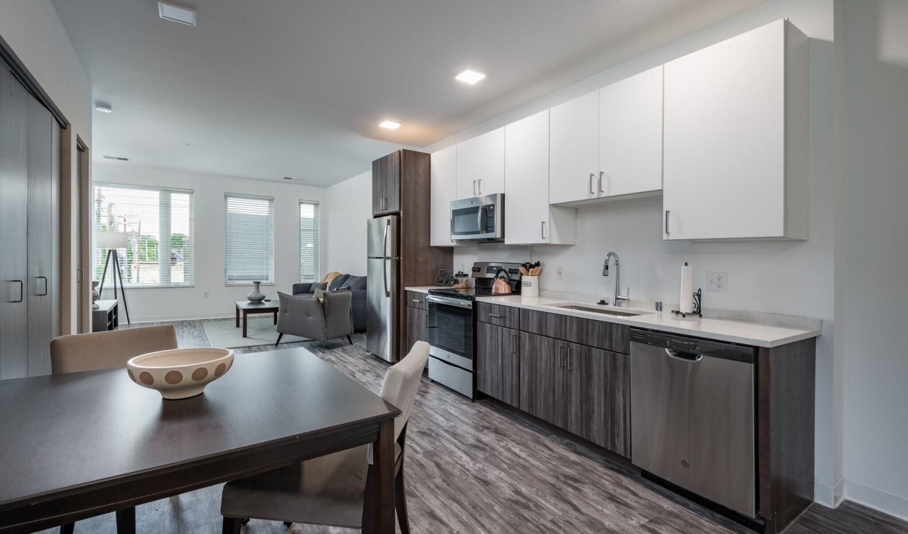 a kitchen with a dining table