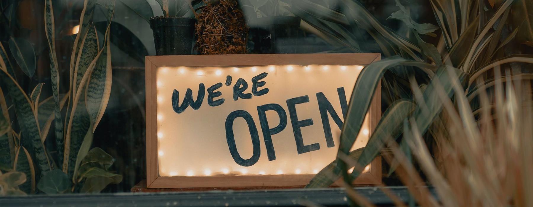 We're Open sign on a window ledge, surrounded by plants