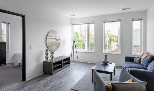 a living room with a large window